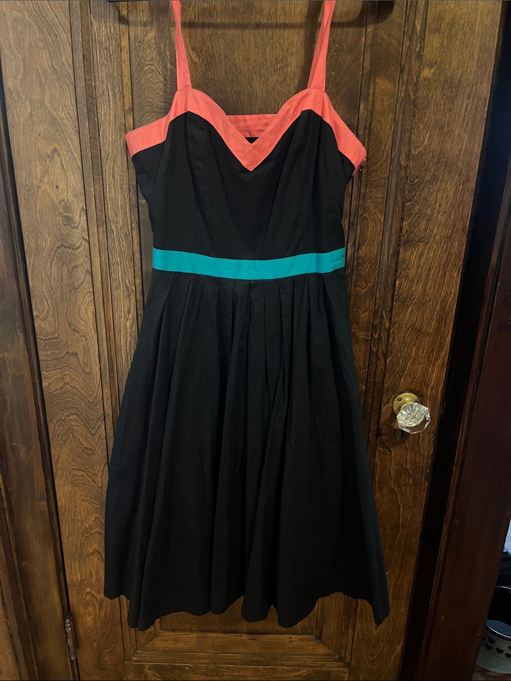 Anthropologie Black Midi Fit-and-Flare Dress with Coral Trim and Teal Waistband